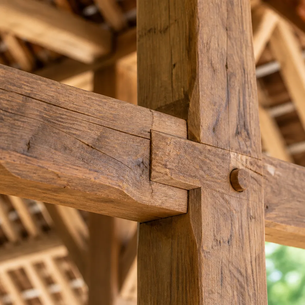 Assemblage à mi-bois avec cheville, détail d’une jonction de charpente traditionnelle