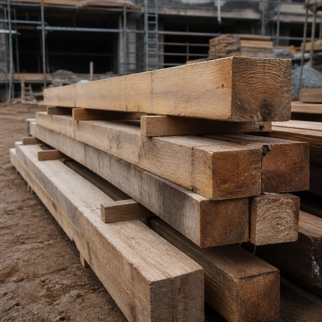 Poutres de bois de charpente brut empilées sur un chantier