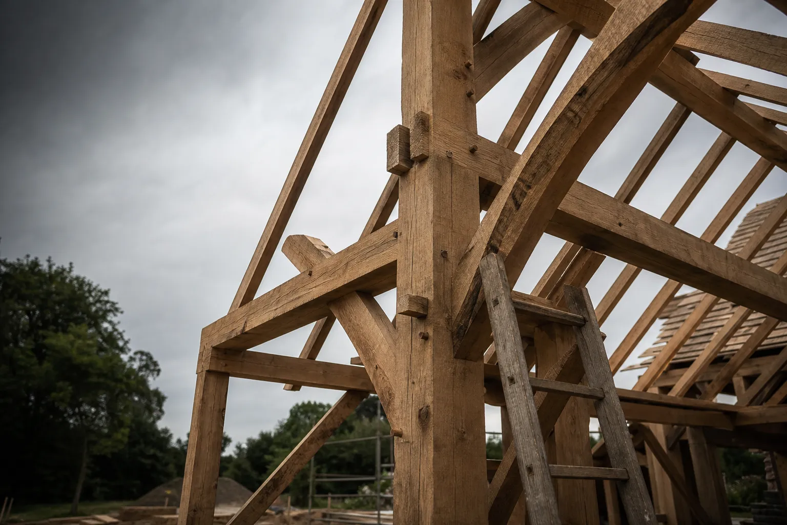 Ferme de charpente en cours de montage, assemblage de bois brut à ciel ouvert